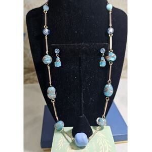 Vintage Venetian Murano Blue/Pink Wedding Cake Bead Necklace, 2 Pairs Earrings